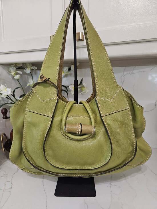 Fossil Handbags - Fifty Four Fossil Green Leather Shoulder Bag with Bamboo-Style Toggle Closure